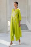 Shop_Silai Studio_Green Linen, Viscose Embroidery Keyhole Neck Matcha Bloom Kurta _Online_at_Aza_Fashions