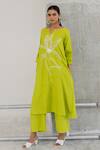 Buy_Silai Studio_Green Linen, Viscose Embroidery Keyhole Neck Matcha Bloom Kurta _at_Aza_Fashions