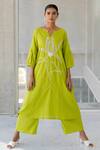 Silai Studio_Green Linen, Viscose Embroidery Keyhole Neck Matcha Bloom Kurta _at_Aza_Fashions