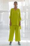 Shop_Silai Studio_Green Cotton V-neck Matcha Co-ord Pant Set _Online_at_Aza_Fashions