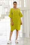 Buy_Silai Studio_Green Cotton V-neck Matcha Designer Dress _at_Aza_Fashions