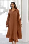 Buy_Silai Studio_Brown Cotton Embroidery Collared Pecan Tunic Co-ord Set _Online_at_Aza_Fashions