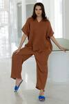 Buy_Silai Studio_Brown Cotton V-neck Earthbound Co-ord Pant Set _at_Aza_Fashions