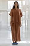 Silai Studio_Brown Cotton V-neck Earthbound Co-ord Pant Set _Online_at_Aza_Fashions