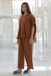 Buy_Silai Studio_Brown Cotton V-neck Earthbound Co-ord Pant Set _Online_at_Aza_Fashions