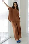 Shop_Silai Studio_Brown Cotton V-neck Earthbound Co-ord Pant Set _Online_at_Aza_Fashions