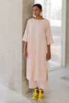 Silai Studio_Pink Linen, Viscose Round Neck Oyster Kurta Set _at_Aza_Fashions