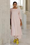 Buy_Silai Studio_Pink Linen, Viscose Round Neck Oyster Kurta Set _at_Aza_Fashions