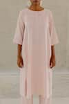 Silai Studio_Pink Linen, Viscose Round Neck Oyster Kurta _Online_at_Aza_Fashions