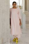 Silai Studio_Pink Linen, Viscose Round Neck Oyster Kurta _at_Aza_Fashions