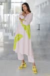 Silai Studio_Pink Linen, Viscose V-neck Blush Basil Applique Kurta Set _Online_at_Aza_Fashions