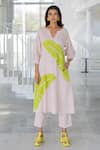 Silai Studio_Pink Linen, Viscose V-neck Blush Basil Applique Kurta Set _at_Aza_Fashions