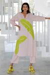 Silai Studio_Pink Linen, Viscose Applique V-neck Blush Basil Kurta _at_Aza_Fashions