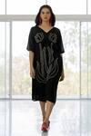 Silai Studio_Black Silk, Voile Beads, Embroidery V-neck Shadow Tulips Dress _Online_at_Aza_Fashions