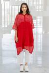 Buy_Silai Studio_Red Chanderi, Linen Embroidery Collared Ruby Swirl Bandhani Tunic Set _at_Aza_Fashions