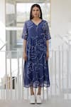 Buy_Silai Studio_Blue Chanderi Round Neck Wildflower Bandhej Dress _Online_at_Aza_Fashions