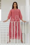 Silai Studio_Pink Chanderi Embroidery Split V-neck Misty Tulips Bandhani Kurta Set _Online_at_Aza_Fashions