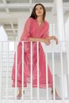 Buy_Silai Studio_Pink Chanderi Embroidery Split V-neck Misty Tulips Bandhani Kurta Set _Online_at_Aza_Fashions