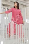 Shop_Silai Studio_Pink Chanderi Embroidery Split V-neck Misty Tulips Bandhani Kurta Set _Online_at_Aza_Fashions