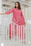 Shop_Silai Studio_Pink Chanderi Embroidery Split V-neck Misty Tulips Bandhani Kurta _Online_at_Aza_Fashions