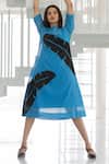 Silai Studio_Blue Chanderi Applique Round Neck Azure Black Dress _Online_at_Aza_Fashions