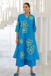 Shop_Silai Studio_Blue Poplin Embroidery V-neck Seafoam Floral Kurta Set _Online_at_Aza_Fashions