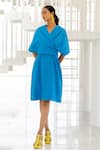 Buy_Silai Studio_Blue Poplin V-neck Azure Wrap Dress _at_Aza_Fashions