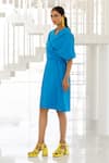 Buy_Silai Studio_Blue Poplin V-neck Azure Wrap Dress _Online_at_Aza_Fashions