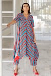 Buy_Silai Studio_Red Cotton, Linen V-neck Poppy And Blue Stripe Kurta Set _at_Aza_Fashions