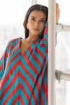 Shop_Silai Studio_Red Cotton, Linen V-neck Poppy And Blue Stripe Kurta Set _Online_at_Aza_Fashions