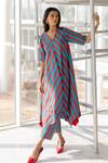 Silai Studio_Red Cotton, Linen V-neck Poppy And Blue Stripe Kurta Set _at_Aza_Fashions