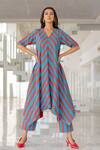 Silai Studio_Red Cotton, Linen V-neck Poppy And Blue Stripe Kurta _Online_at_Aza_Fashions