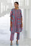 Buy_Silai Studio_Red Cotton, Linen Round Neck Poppy And Blue Stripe Co-ord Set _at_Aza_Fashions