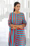 Buy_Silai Studio_Red Cotton, Linen Round Neck Poppy And Blue Stripe Co-ord Set 