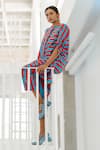 Silai Studio_Red Cotton, Linen Round Neck Poppy And Blue Stripe Tunic Set _Online_at_Aza_Fashions