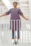 Buy_Silai Studio_Red Cotton, Linen Round Neck Poppy And Blue Stripe Tunic Set _Online_at_Aza_Fashions