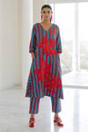 Silai Studio_Red Cotton, Linen Applique V-neck Sky Fire Striped Kurta Set _Online_at_Aza_Fashions