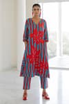 Silai Studio_Red Cotton, Linen Applique V-neck Sky Fire Striped Kurta _Online_at_Aza_Fashions