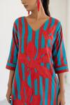 Silai Studio_Red Cotton, Linen Applique V-neck Sky Fire Striped Kurta _at_Aza_Fashions