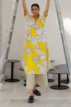 Silai Studio_Yellow Cotton, Linen V-neck Plantain Orchard Kurta _Online_at_Aza_Fashions