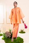 Buy_The White Tree Studio_Peach Chanderi Embroidery, Applique Round Neck Front Gathers Set _at_Aza_Fashions