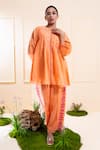 The White Tree Studio_Peach Chanderi Embroidery, Applique Round Neck Front Gathers Set _at_Aza_Fashions