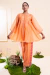 The White Tree Studio_Peach Chanderi Embroidery, Applique Round Neck Front Gathers Set _Online