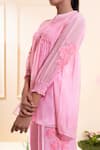 The White Tree Studio_Pink Chanderi Embroidery, Applique Mandarin Collar Smocking Pant Co-ord Set _at_Aza_Fashions