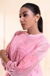 Shop_The White Tree Studio_Pink Chanderi Embroidery, Applique Mandarin Collar Smocking Pant Co-ord Set 