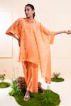 Buy_The White Tree Studio_Peach Chanderi Embroidery, Applique Collared Asymmetrical Kaftan Set _at_Aza_Fashions