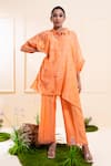 The White Tree Studio_Peach Chanderi Embroidery, Applique Collared Asymmetrical Kaftan Set _at_Aza_Fashions