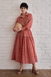 Taro_Red Cotton Collared Confetti Dot Printed Rose Whisper Dress _Online_at_Aza_Fashions
