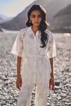 Dash And Dot_White Cotton, Nylon Embroidery Collared Scalloped Lace Shirt And Pant Set _at_Aza_Fashions
