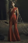 Buy_Nikhil Thampi_Rust Beads Sweetheart Neck Metallic Embroidered Pant Saree With Blouse _at_Aza_Fashions